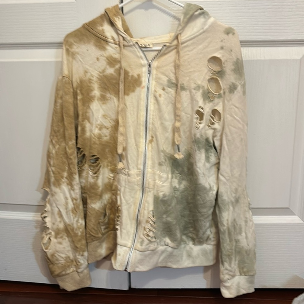 Tie-dye distressed zip up hoodie